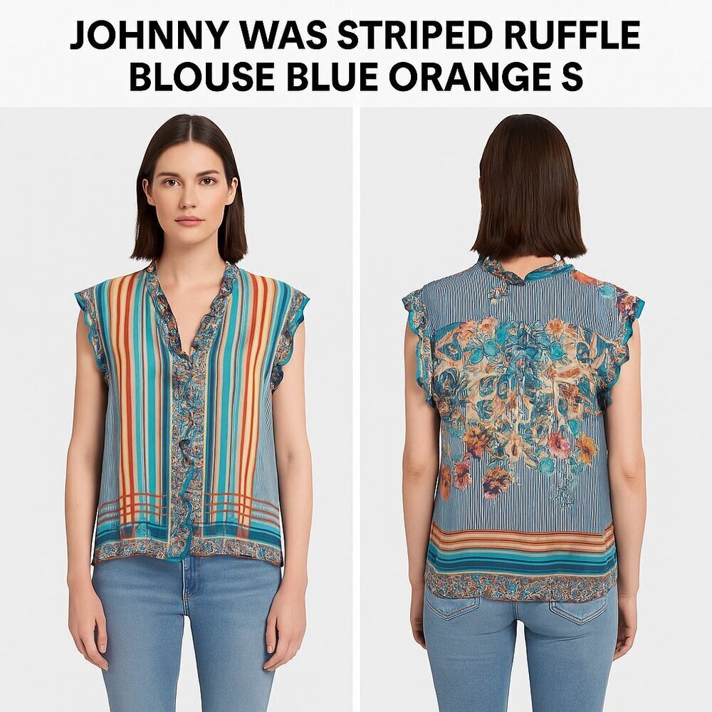 JOHNNY WAS STRIPED RUFFLE BLOUSE BLUE ORANGE S